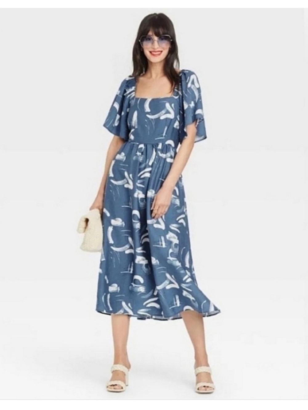 Blue Abstract Print Tie Back Square-Neck Midi Dress